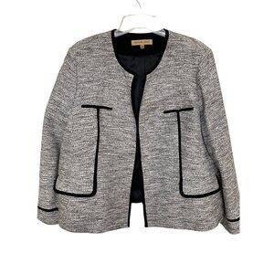 Nipon Boutique Women’s 22W Tweed Jacket Gray Black Trim Open Front Lined Office